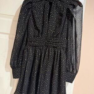 Aqua Black and Gold Mini Dress long sleeves has a deep slit in the front